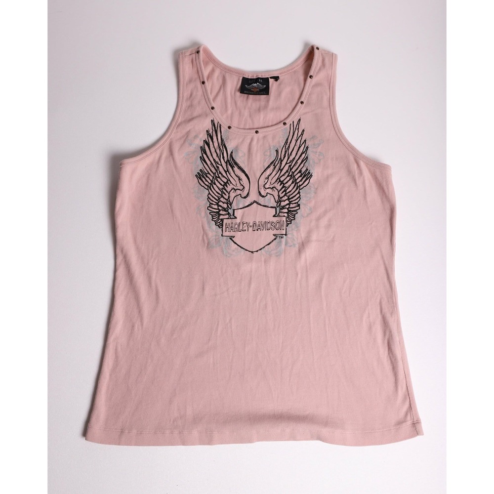 Harley-Davidson Womens Pink Ribbed Winged Shield Studded Tank Top Medium